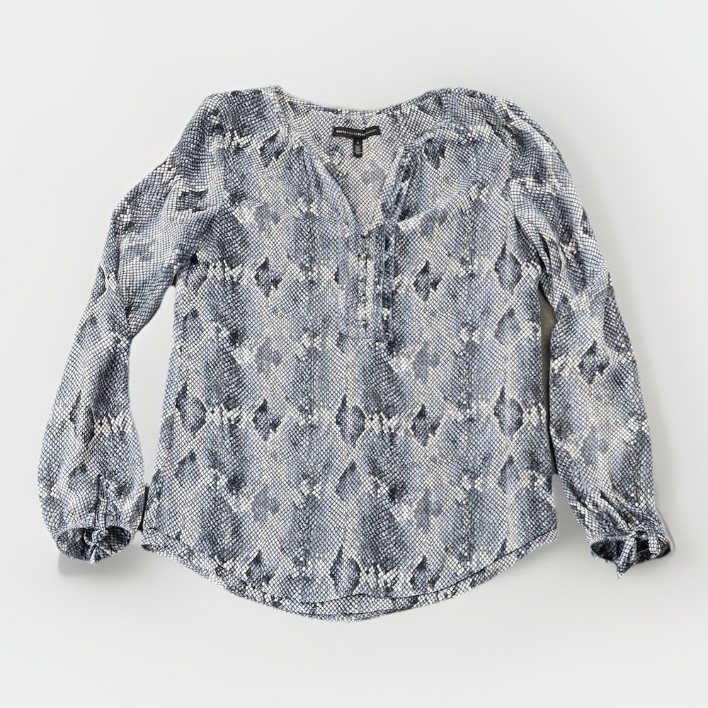 White House Black Market Blue Snakeskin Print Tie Cuff Blouse Size 6 Office